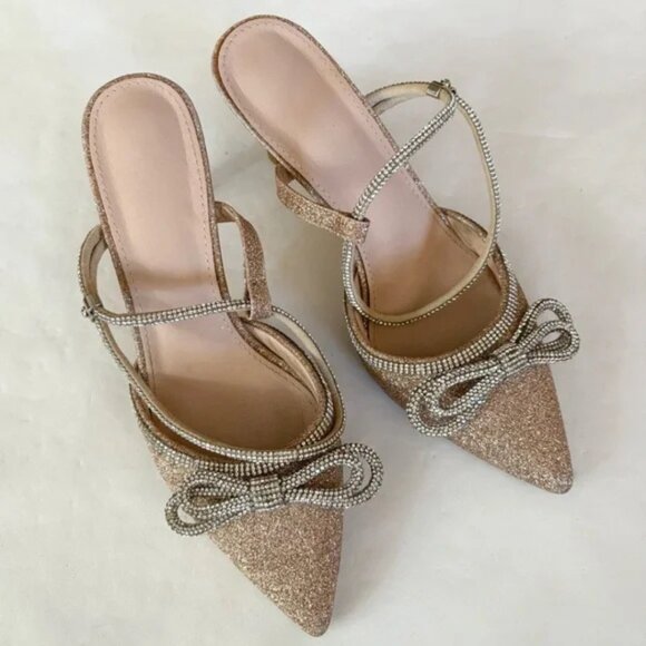 Rhinestone Kitten Heels in Gold Sparkly Bow - Picture 1 of 6